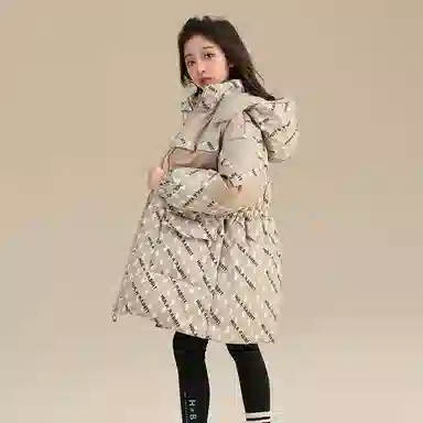 鸭鸭 童装 拼色满印白鸭绒中长款宽松休闲长袖羽绒服 儿童款