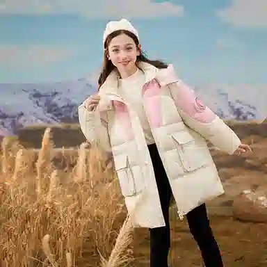 鸭鸭 童装 拼色宽松加绒加厚中长款羽绒服 儿童款