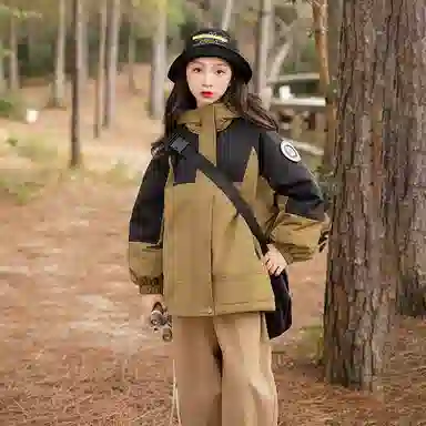 鸭鸭 童装 拼色夹棉连帽防水宽松中长款冲锋衣 儿童款