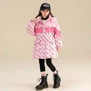 鸭鸭 童装 拼色满印白鸭绒中长款宽松休闲长袖羽绒服 儿童款