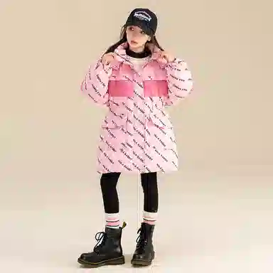 鸭鸭 童装 拼色满印白鸭绒中长款宽松休闲长袖羽绒服 儿童款