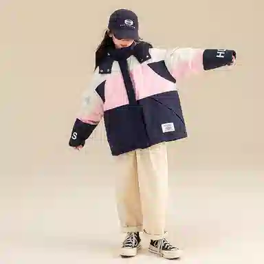 鸭鸭 童装 拼色连帽保暖休闲长袖羽绒服 儿童款