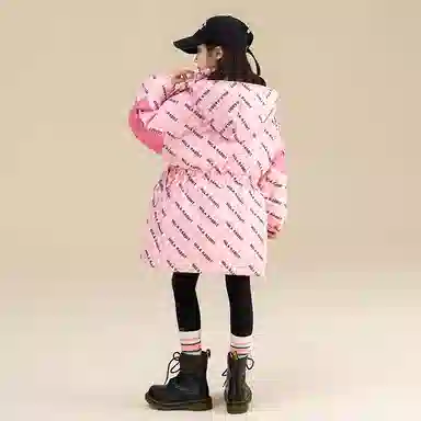 鸭鸭 童装 拼色满印白鸭绒中长款宽松休闲长袖羽绒服 儿童款