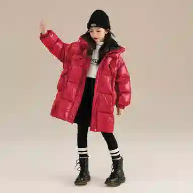 鸭鸭 纯色连帽加厚大口袋中长款拉链喜庆拜年羽绒服 儿童款 红色