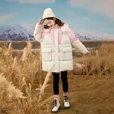 鸭鸭 童装 拼色宽松加绒加厚中长款羽绒服 儿童款