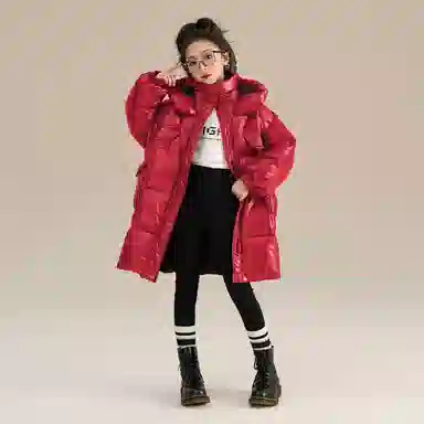 鸭鸭 纯色连帽加厚大口袋中长款拉链喜庆拜年羽绒服 儿童款 红色