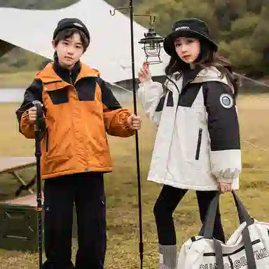 鸭鸭 童装 拼色夹棉连帽防水宽松中长款冲锋衣 儿童款