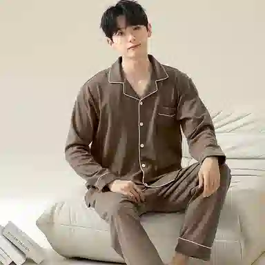 俏霓桐 纯棉青少年休闲纯色开衫长袖长裤可外穿亲肤家居服睡衣套装 男款 图色