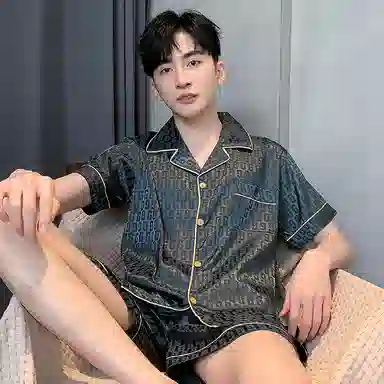 俏霓桐 冰丝休闲亲肤舒适短袖五分裤睡衣套装 男款 图色