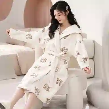 俏霓桐 简约可爱亲肤舒适开衫卡通甜美保暖长袖睡袍/浴袍 女款 图色