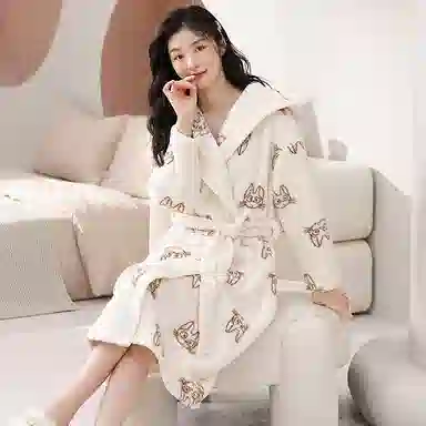 俏霓桐 简约可爱亲肤舒适开衫卡通甜美保暖长袖睡袍/浴袍 女款 图色