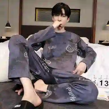 俏霓桐 简约亲肤舒适卡通套头长袖时尚休闲可外穿长裤睡衣套装 男款 图色