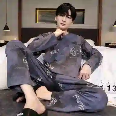 俏霓桐 简约亲肤舒适卡通套头长袖时尚休闲可外穿长裤睡衣套装 男款 图色