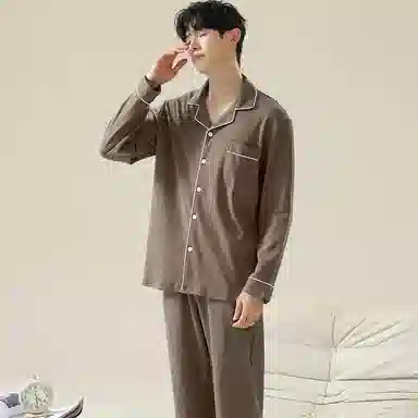 俏霓桐 纯棉青少年休闲纯色开衫长袖长裤可外穿亲肤家居服睡衣套装 男款 图色