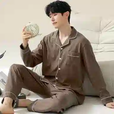 俏霓桐 纯棉青少年休闲纯色开衫长袖长裤可外穿亲肤家居服睡衣套装 男款 图色