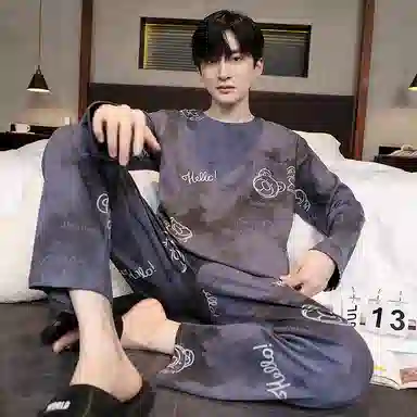 俏霓桐 简约亲肤舒适卡通套头长袖时尚休闲可外穿长裤睡衣套装 男款 图色