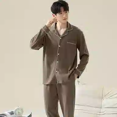 俏霓桐 纯棉青少年休闲纯色开衫长袖长裤可外穿亲肤家居服睡衣套装 男款 图色