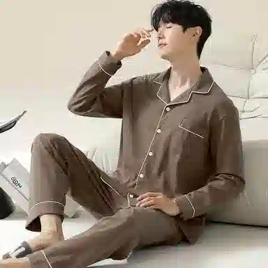 俏霓桐 纯棉青少年休闲纯色开衫长袖长裤可外穿亲肤家居服睡衣套装 男款 图色