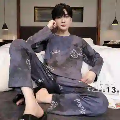 俏霓桐 简约亲肤舒适卡通套头长袖时尚休闲可外穿长裤睡衣套装 男款 图色