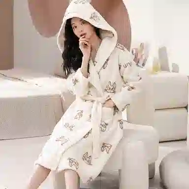 俏霓桐 简约可爱亲肤舒适开衫卡通甜美保暖长袖睡袍/浴袍 女款 图色