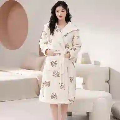 俏霓桐 简约可爱亲肤舒适开衫卡通甜美保暖长袖睡袍/浴袍 女款 图色