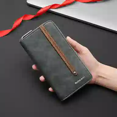 马莎兰缇 时尚撞色个性点缀拉链闭合多卡位多功能 合成革 手拿包钱包 常规 男款 烟灰色