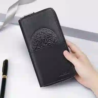 马莎兰缇 中国风印花时尚拼接拉链闭合可手拿钱夹 头层牛皮合成革 多卡位卡包钱包 常规 男款 黑色