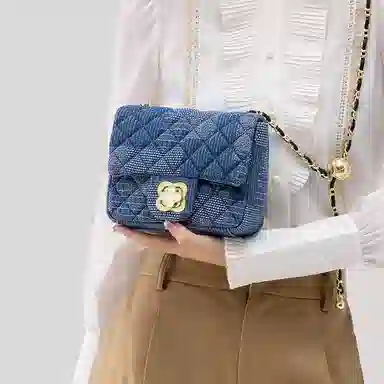 马莎兰缇 新款个性小众设计小金球菱格撞色拼接时尚通勤户外出行大容量 超纤合成革 单肩包斜挎包 常规 女款 牛仔蓝