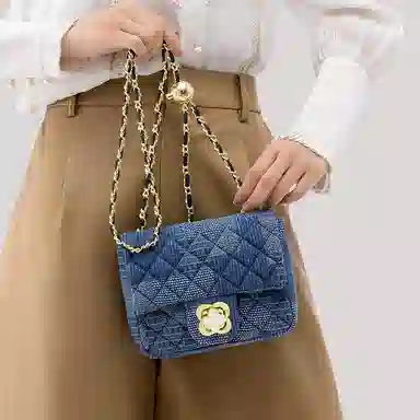 马莎兰缇 新款个性小众设计小金球菱格撞色拼接时尚通勤户外出行大容量 超纤合成革 单肩包斜挎包 常规 女款 牛仔蓝