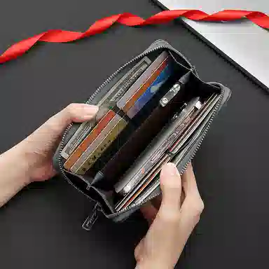 马莎兰缇 时尚撞色个性点缀拉链闭合多卡位多功能 合成革 手拿包钱包 常规 男款 烟灰色