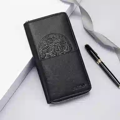 马莎兰缇 中国风印花时尚拼接拉链闭合可手拿钱夹 头层牛皮合成革 多卡位卡包钱包 常规 男款 黑色