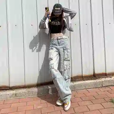 JUFU Retro Cargo Wide Leg Jeans