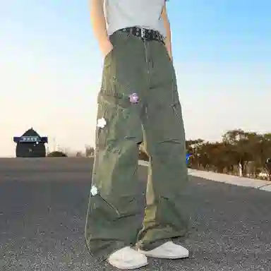 悍戈 美式复古高街小众设计多口袋刺绣直筒宽松潮流长裤工装裤 男女同款