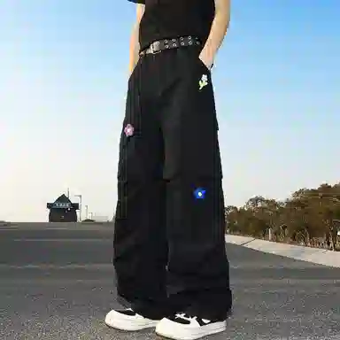悍戈 美式复古高街小众设计多口袋刺绣直筒宽松潮流长裤工装裤 男女同款