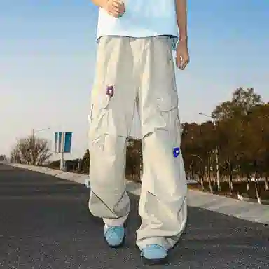 悍戈 美式复古高街小众设计多口袋刺绣直筒宽松潮流长裤工装裤 男女同款