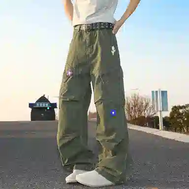 悍戈 美式复古高街小众设计多口袋刺绣直筒宽松潮流长裤工装裤 男女同款