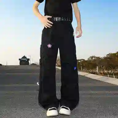 悍戈 美式复古高街小众设计多口袋刺绣直筒宽松潮流长裤工装裤 男女同款