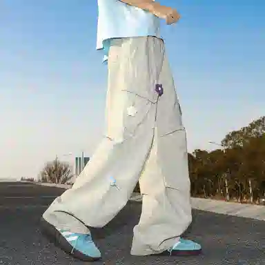 悍戈 美式复古高街小众设计多口袋刺绣直筒宽松潮流长裤工装裤 男女同款