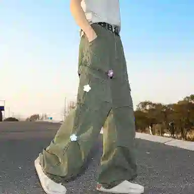 悍戈 美式复古高街小众设计多口袋刺绣直筒宽松潮流长裤工装裤 男女同款