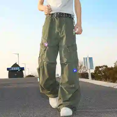 悍戈 美式复古高街小众设计多口袋刺绣直筒宽松潮流长裤工装裤 男女同款