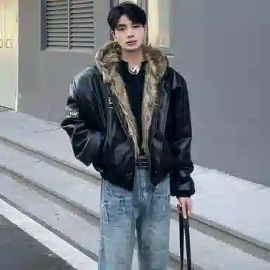 HUANQIU Retro Lettered Shearling Jacket