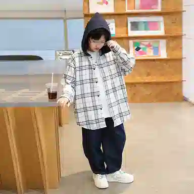 熊猫圆圆衬衫 舒适时尚帅气撞色连帽格子长袖 白蓝格 儿童款