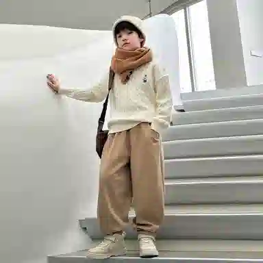 熊猫圆圆 时尚洋气宽松纯色加绒加厚长裤 可可茶色 青少年