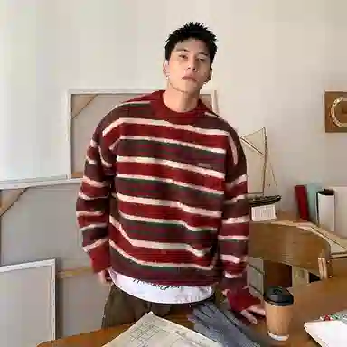 虫小绿 美式复古条纹撞色圆领上衣宽松仿貂绒外套慵懒风秋冬季保暖打底长袖百搭休闲针织衫 男女同款