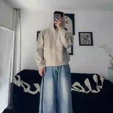虫小绿 美式条纹连帽开衫夹克春秋季潮流时尚慵懒复古宽松百搭情侣帽衫外套松弛感休闲穿搭卫衣 男女同款