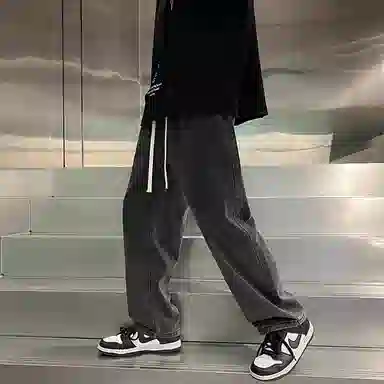 虫小绿 美式复古潮牌高街纯色水洗直筒裤宽松舒适松紧腰裤子休闲裤抽绳百搭长裤牛仔裤 男女同款