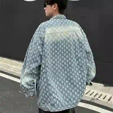 虫小绿 美式复古设计满印提花工艺宽松经典翻领夹克春秋季潮流高级感痞帅休闲水洗做旧小香风工装大口袋百搭牛仔外套 男女同款