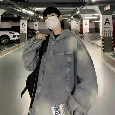 虫小绿 美式高街复古套头牛仔连帽上衣水洗做旧高级感春秋季宽松休闲工装夹克长袖外套情侣帽衫卫衣 男女同款