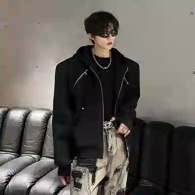 虫小绿 机车潮流行飞行服重磅百搭时尚工装条纹拉链高级感垫肩金属设计款小众高街连帽开衫立体解构宽松短款美式夹克外套 男女同款