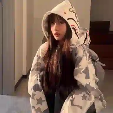 虫小绿 美式复古重磅假两件双帽鲨鱼头万针刺绣涂鸦卡通宽松运动上衣大码通勤百搭高街潮流满印迷彩长袖外套拉链开衫卫衣 男女同款